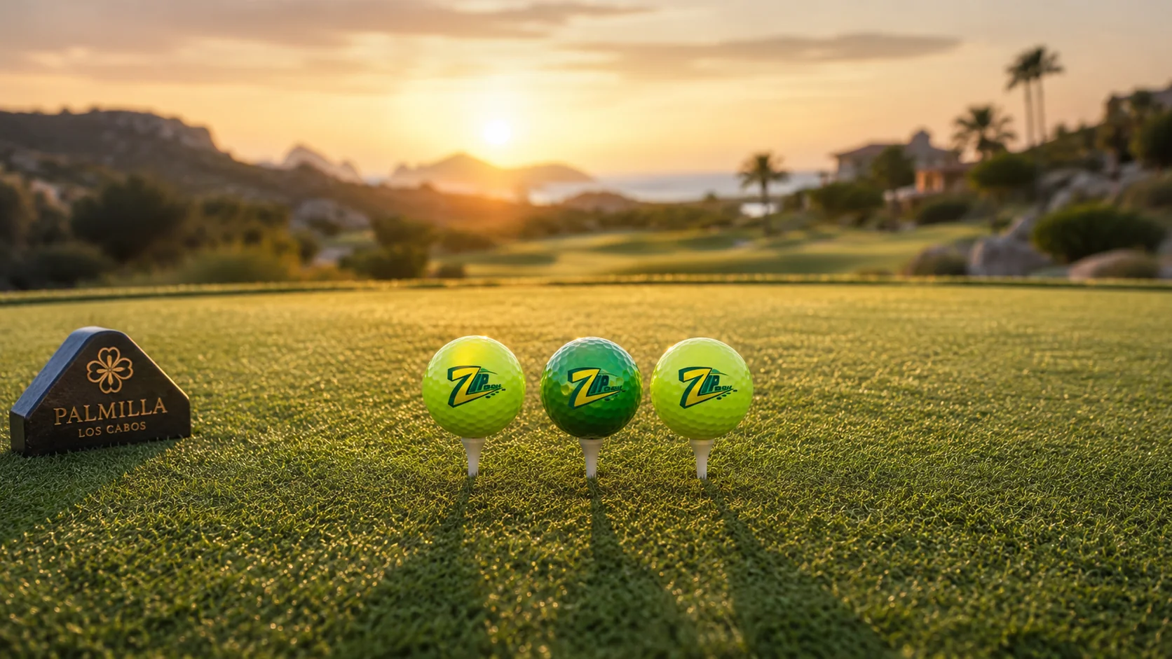 Three branded Zip Golf balls on a tee box at sunrise