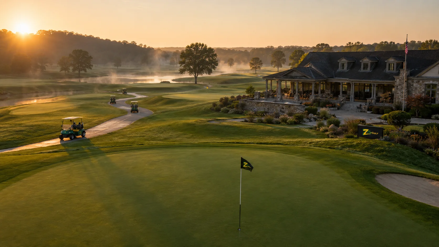 Aerial sunrise view of Zip Golf course