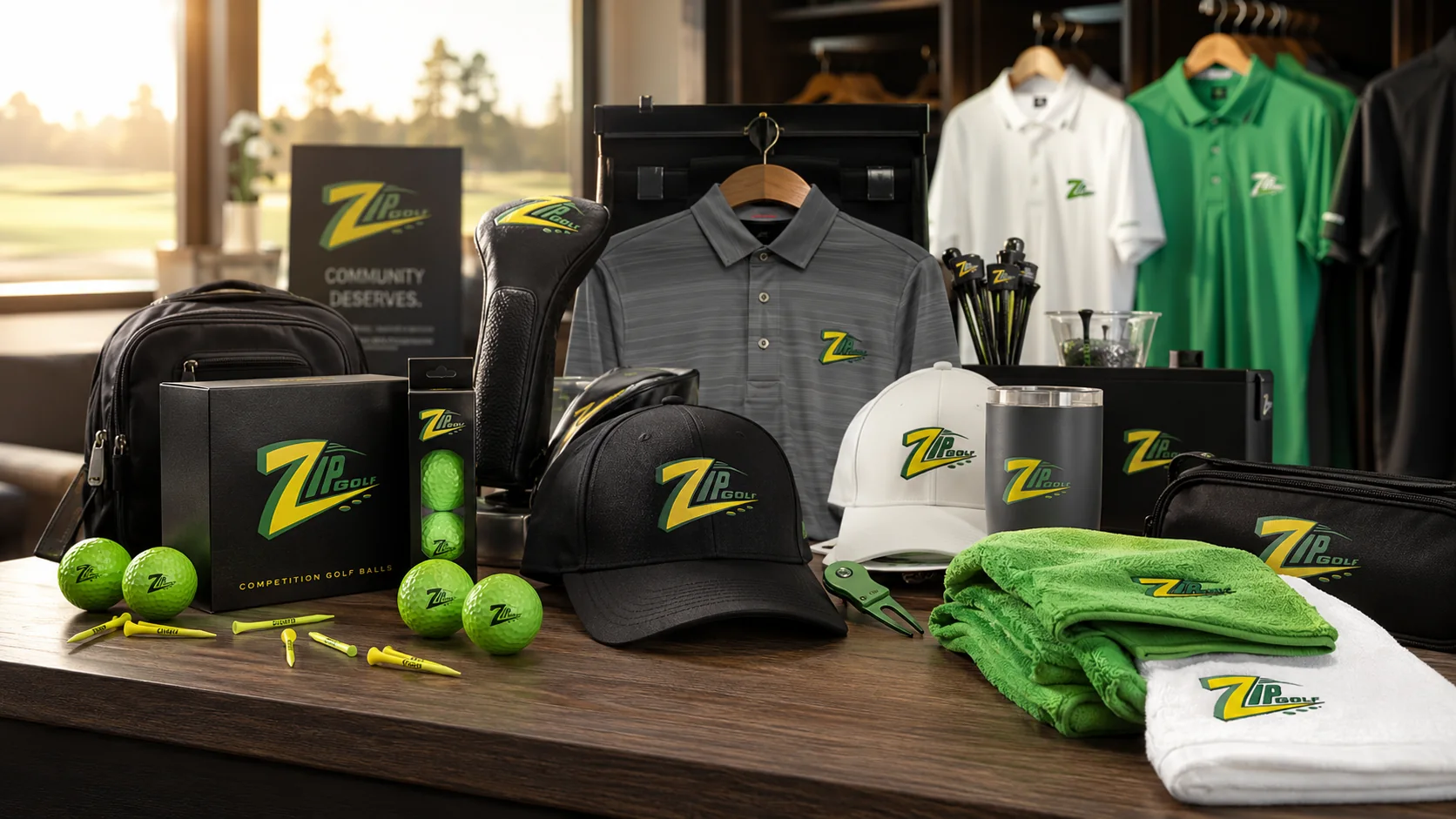 Zip Golf branded merchandise on display