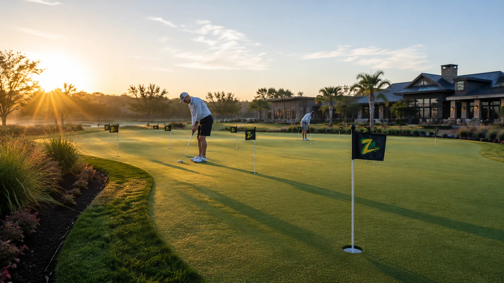 Zip Golf putting green with multiple flags at sunrise