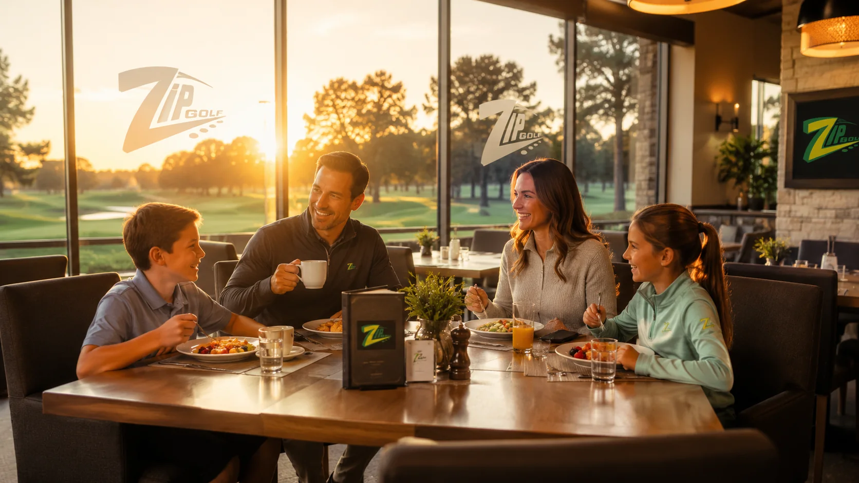 Family smiling together inside the Zip Golf clubhouse restaurant at sunrise