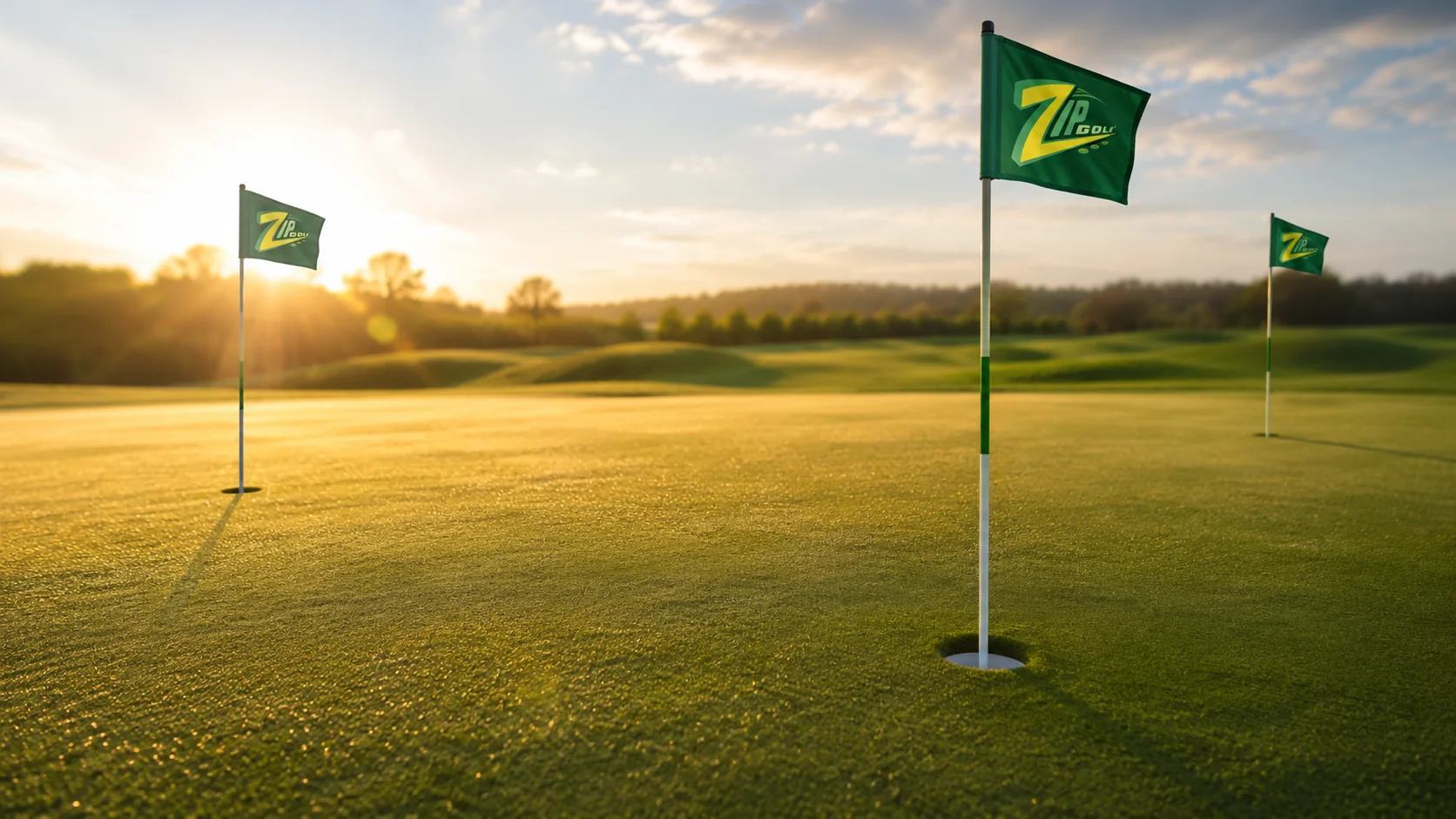 Zip Golf green with three flags in sunrise light